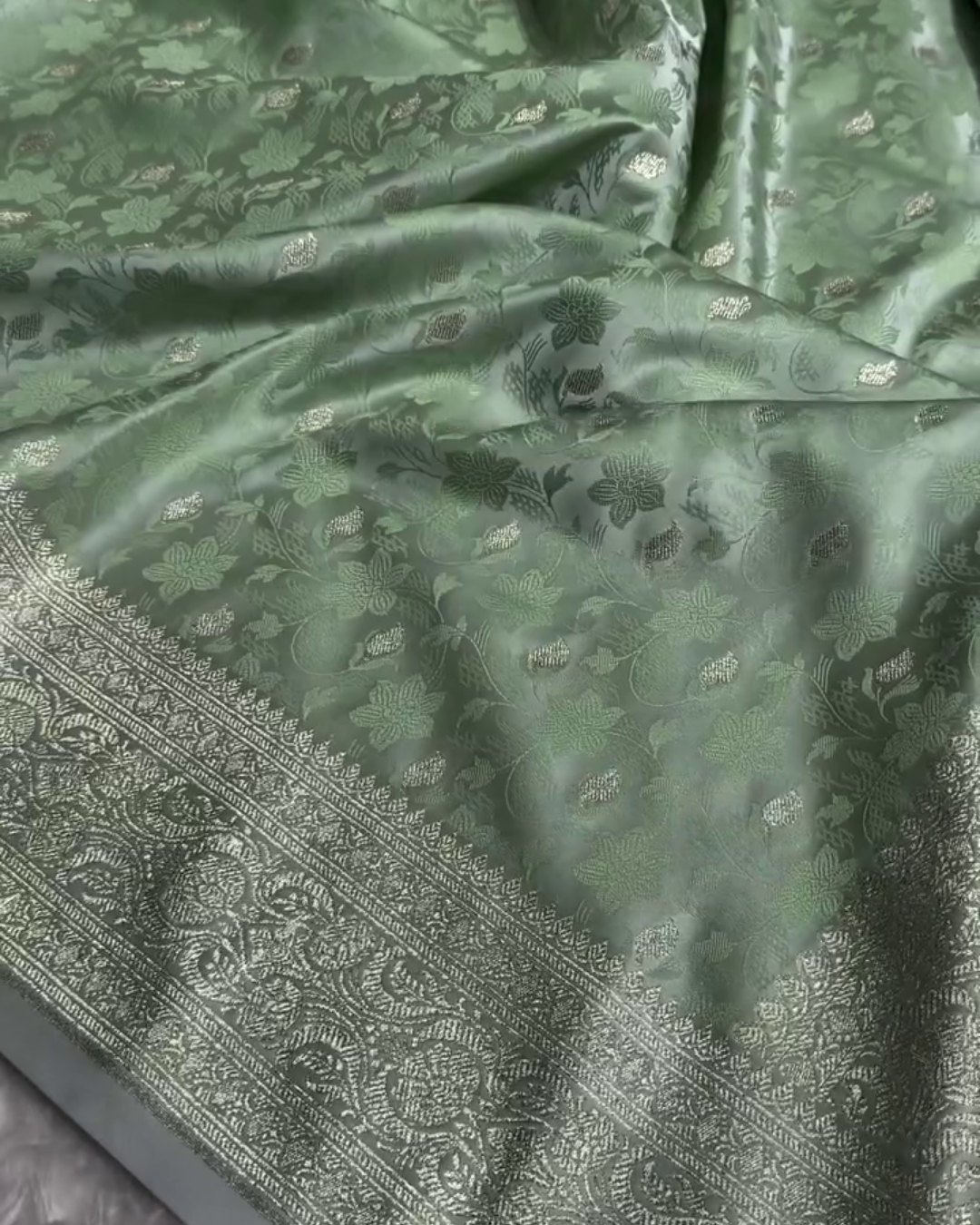 Shailee - Mint Green Satin Katan Silk Saree with Floral Zari Weave