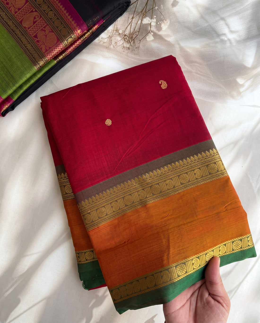 Sindhu - Red Contrast Orange Temple Border Kanchipuram Silk Saree