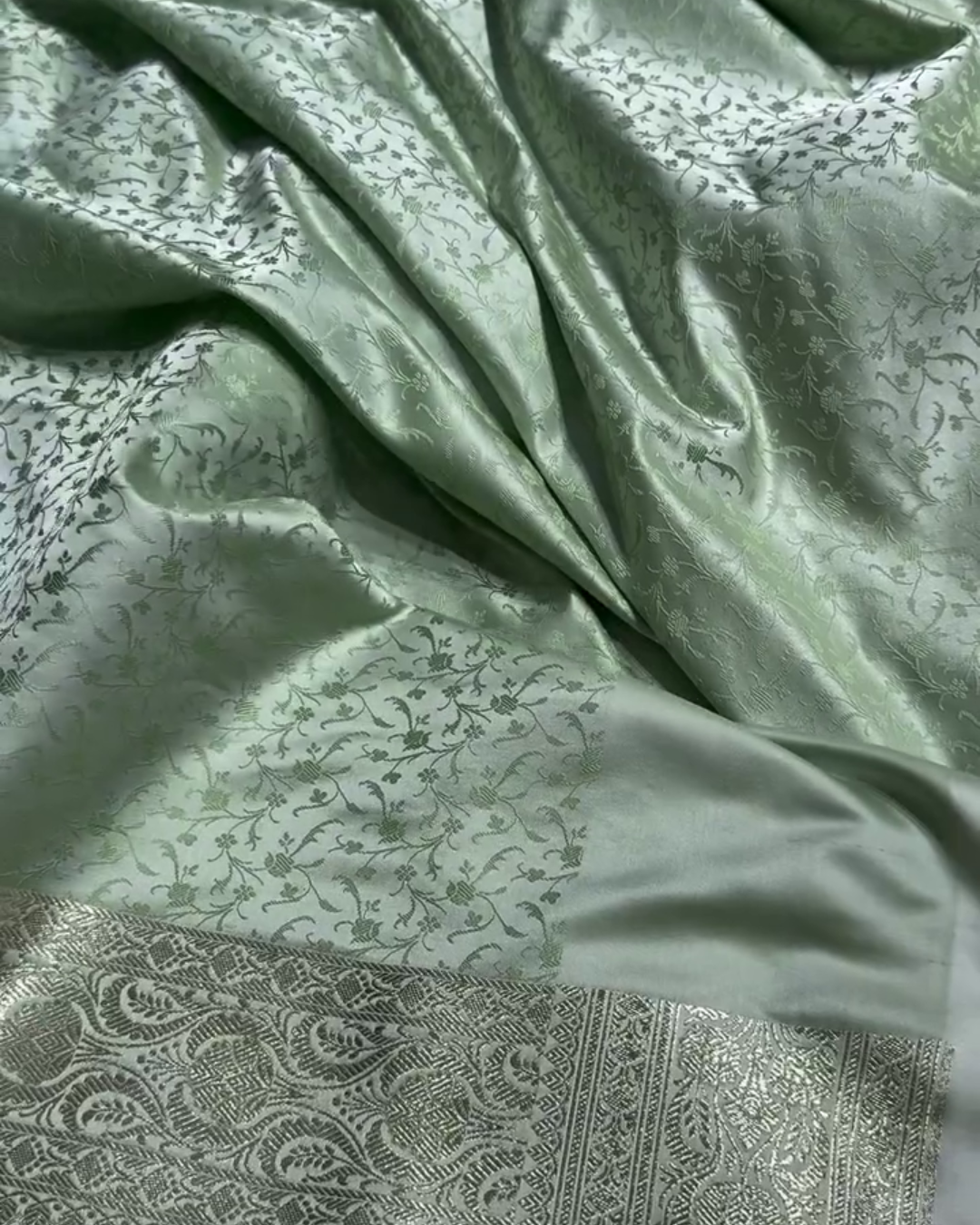 Shailee - Mint Green Satin Katan Silk Saree with Floral Zari Weave