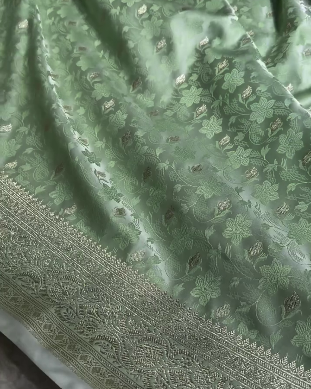 Shailee - Mint Green Satin Katan Silk Saree with Floral Zari Weave