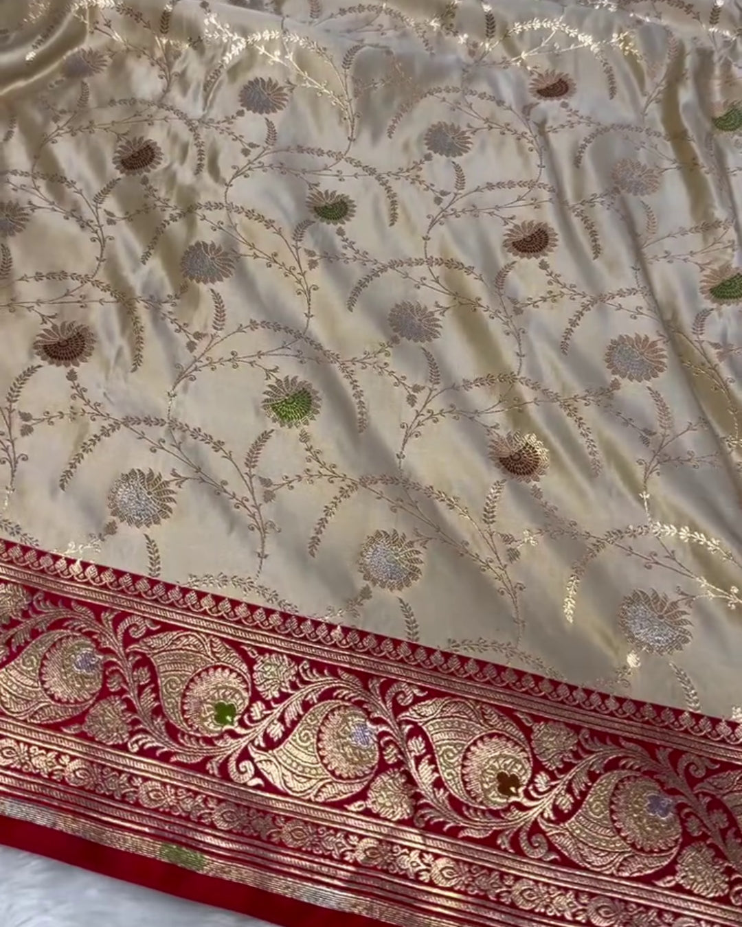 Vanya - Cream Red Banarasi Paisley Zari Silk Saree
