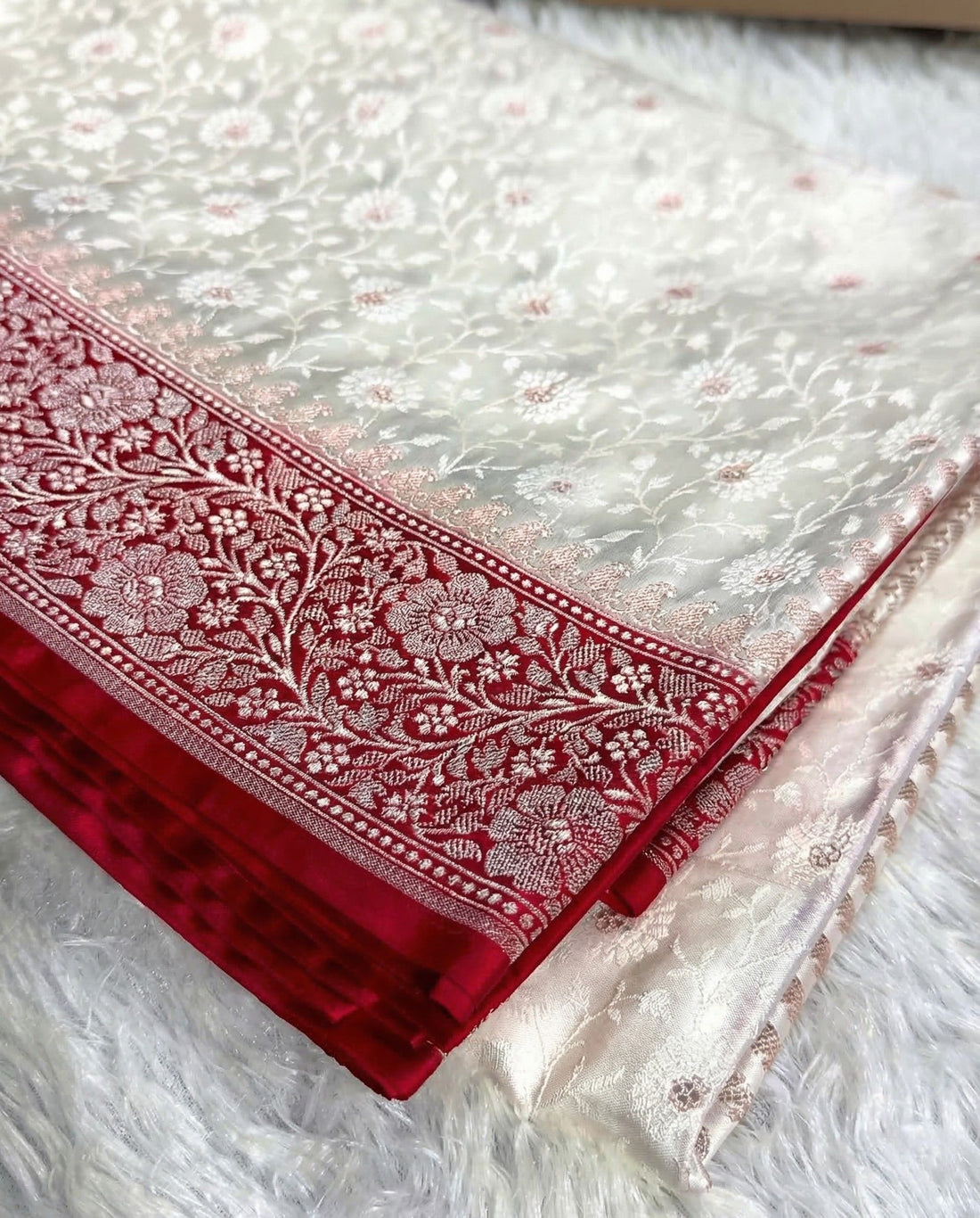 Sudhira - Ivory Banarasi Mashru Katan Silk Saree with Red Zari Border