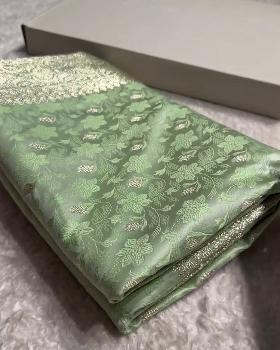 Shailee - Mint Green Satin Katan Silk Saree with Floral Zari Weave