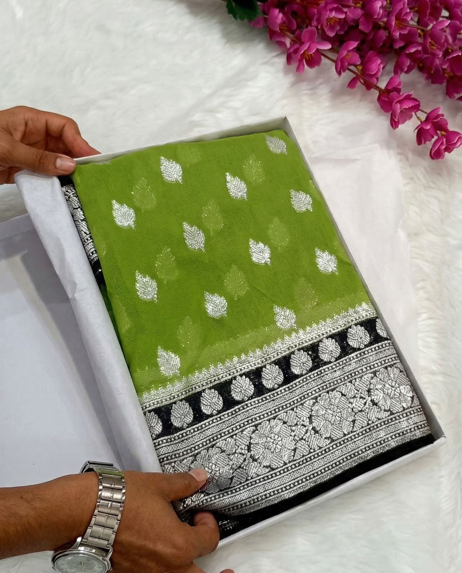 Virangana - Parrot Green Silver Zari Banarasi Saree