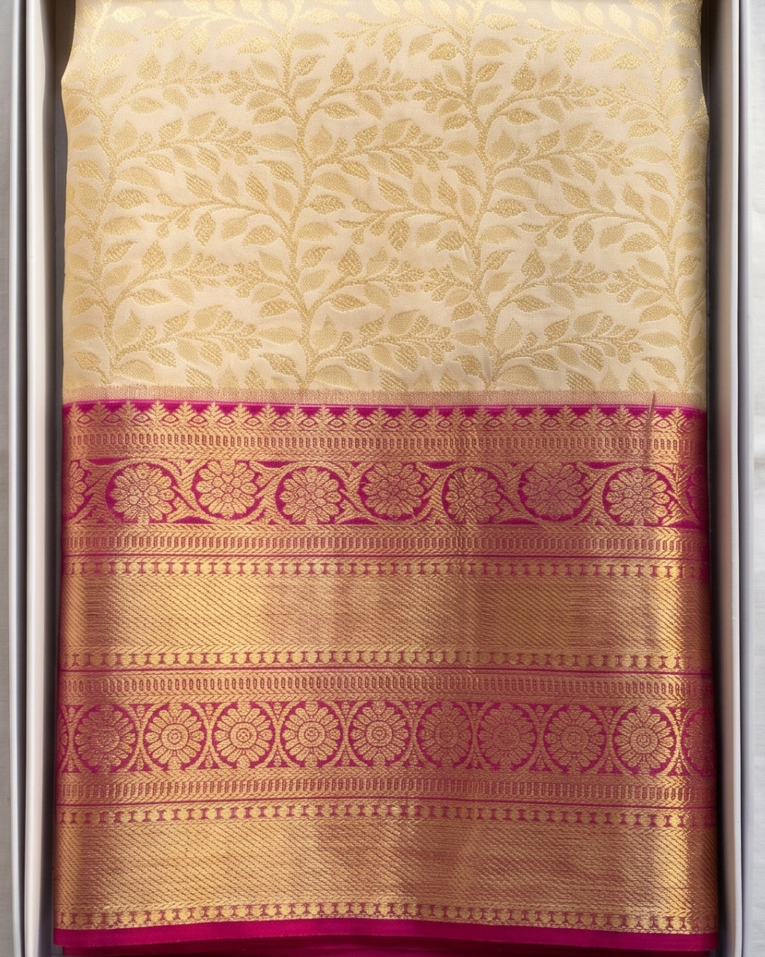 Aaradhya - Ivory Silk Saree With Pink Border