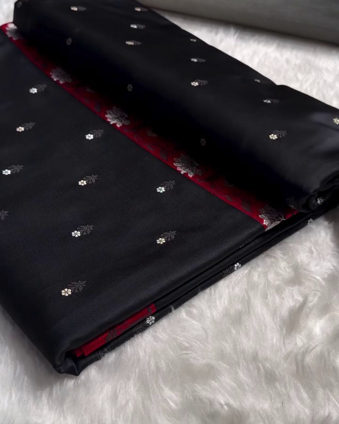 Indrani - Black Banarasi Satin Saree with Zari Floral Red Border