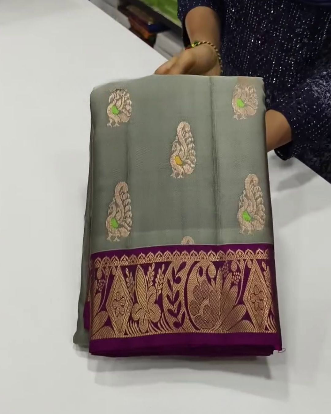 Ritisha - Sage Green Silk Blend Saree with Contrast Zari Border