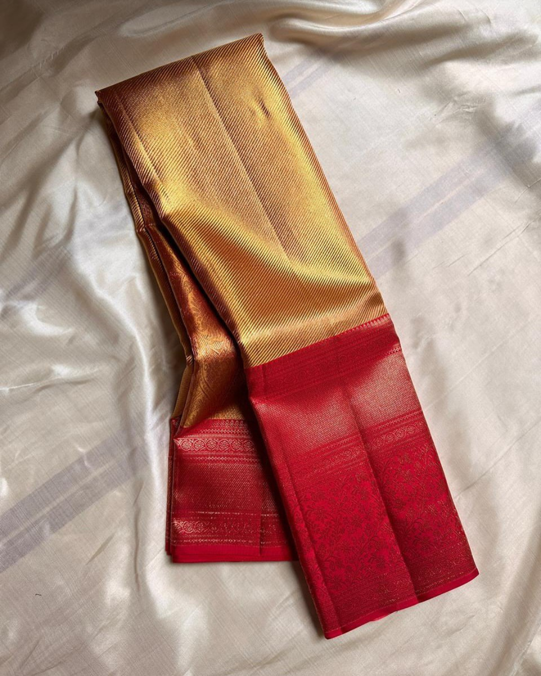 Saanvi - Golden Yellow Kanjivaram Saree with Red Border
