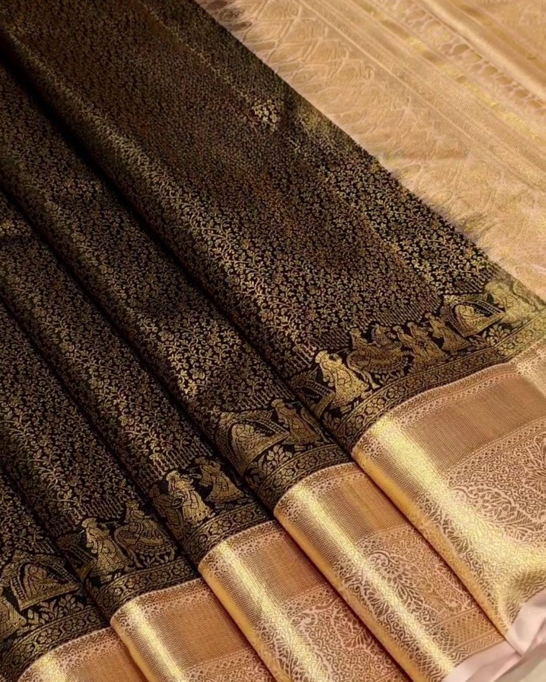 Qamra - Black Gold Banarasi Silk Saree with Zari Figurative Border