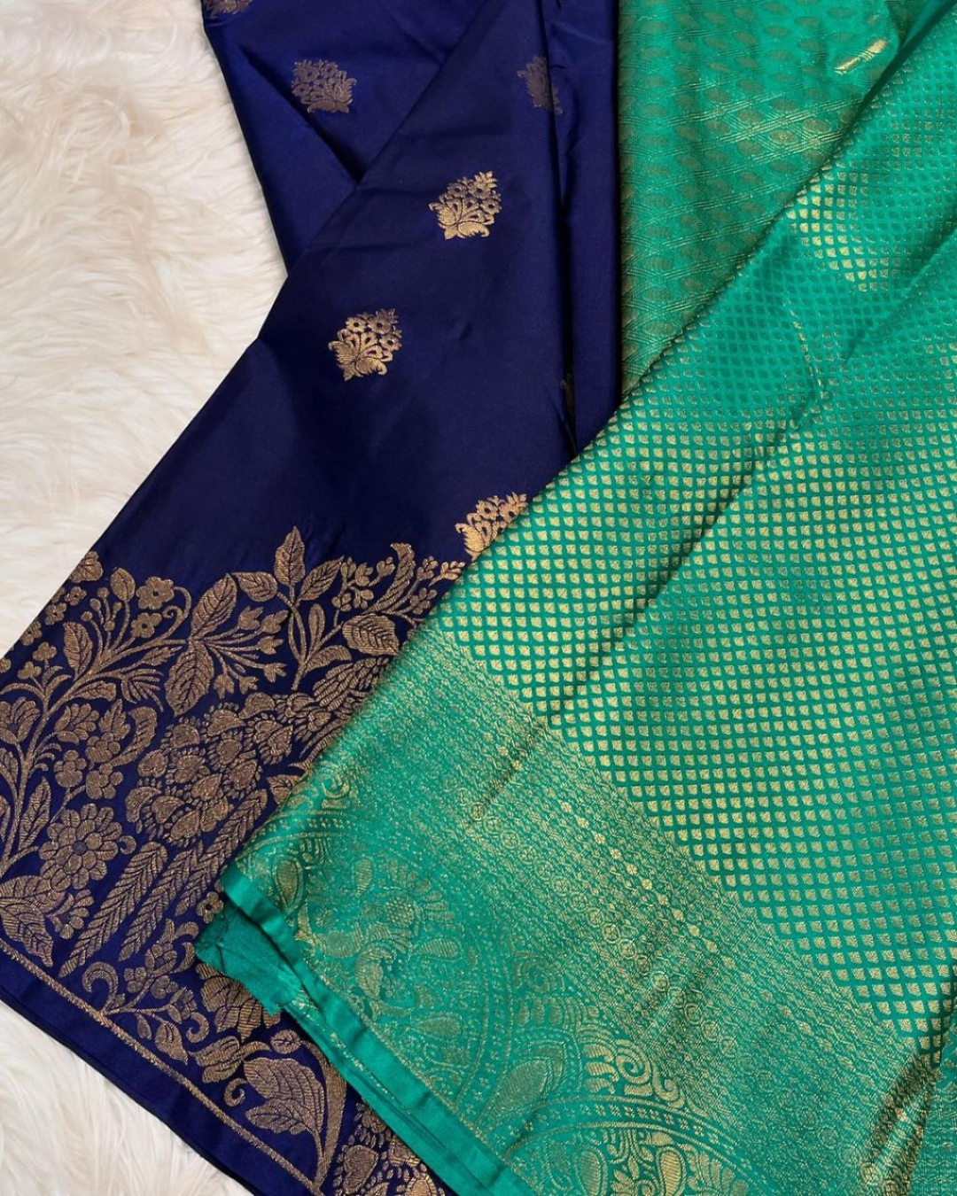 Yugriti - Dual Tone Blue-Green Banarasi Saree with Peacock Zari