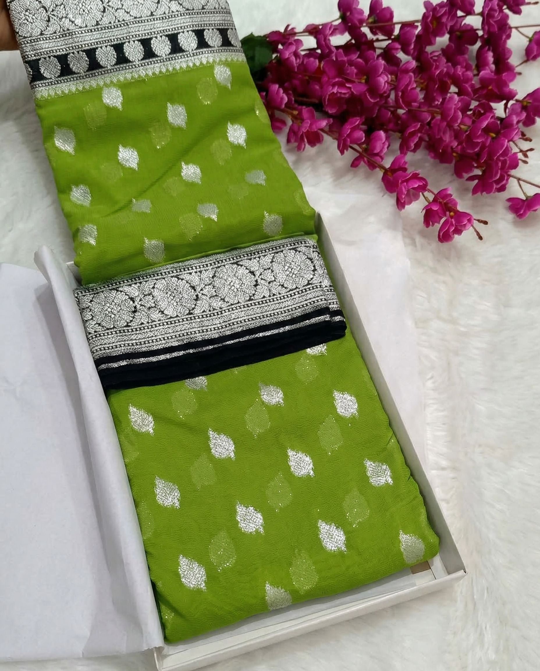 Virangana - Parrot Green Silver Zari Banarasi Saree