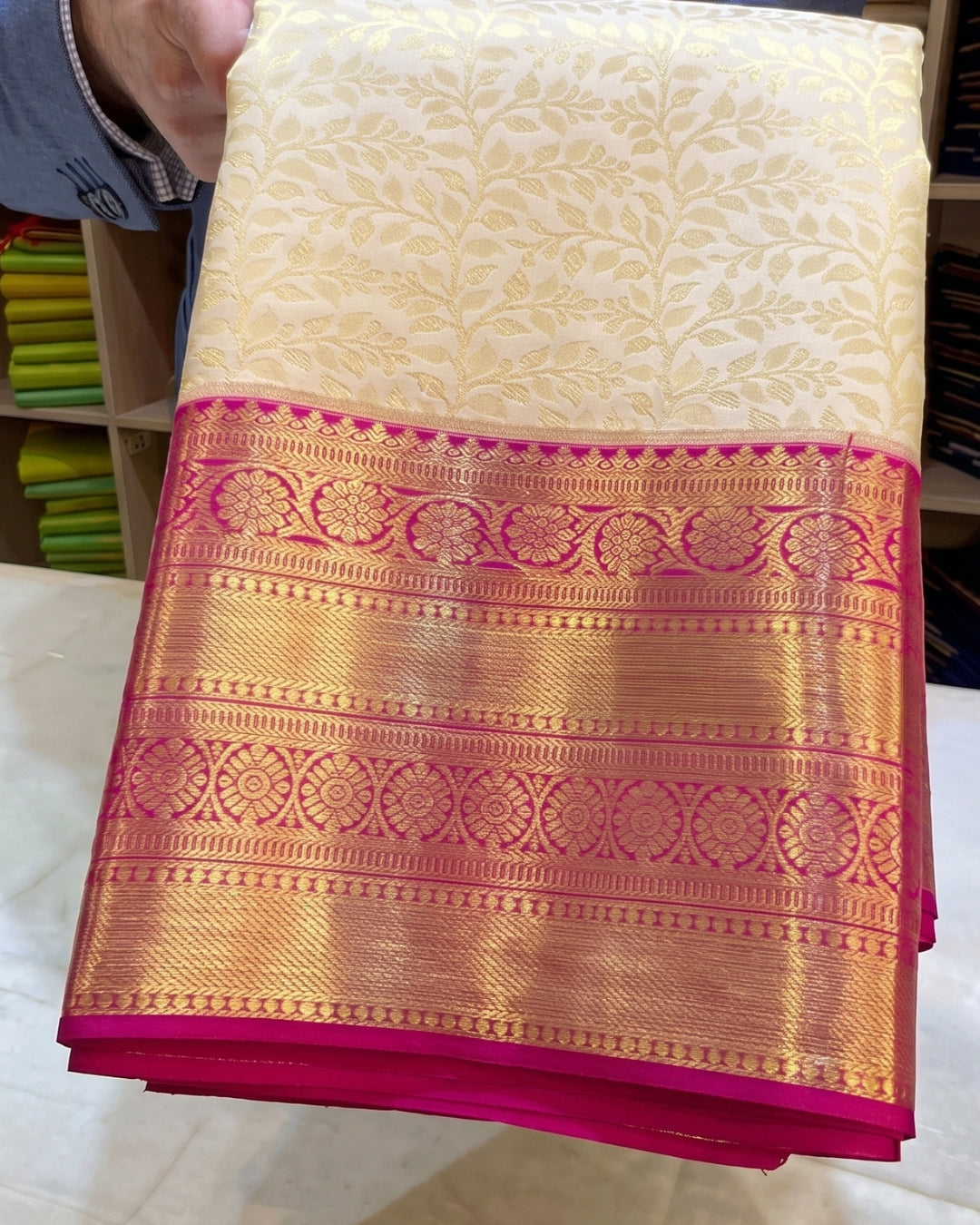 Aaradhya - Ivory Silk Saree With Pink Border