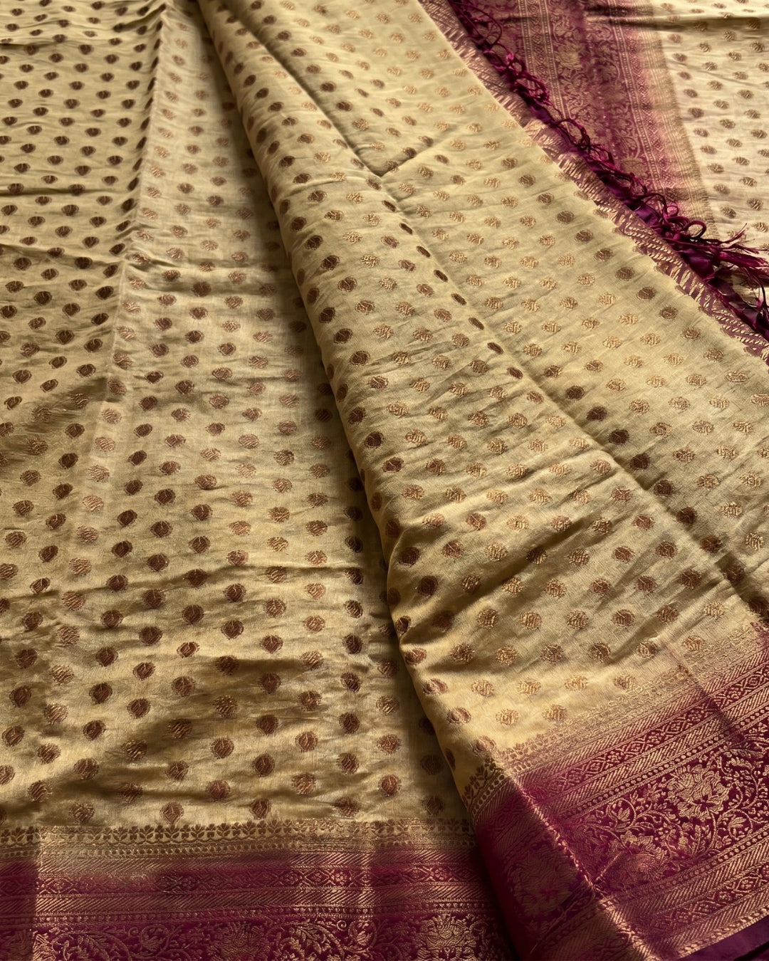 Ruhani - Cream Magenta Heritage Silk Saree