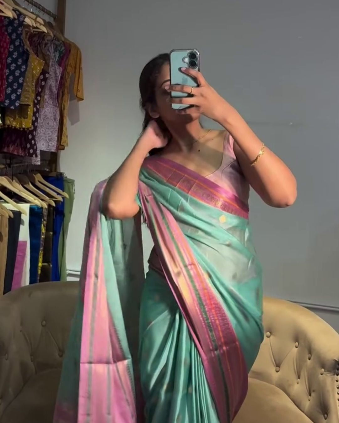 Taapsi - Sea Green Silk Blend Saree with Pink Zari Border