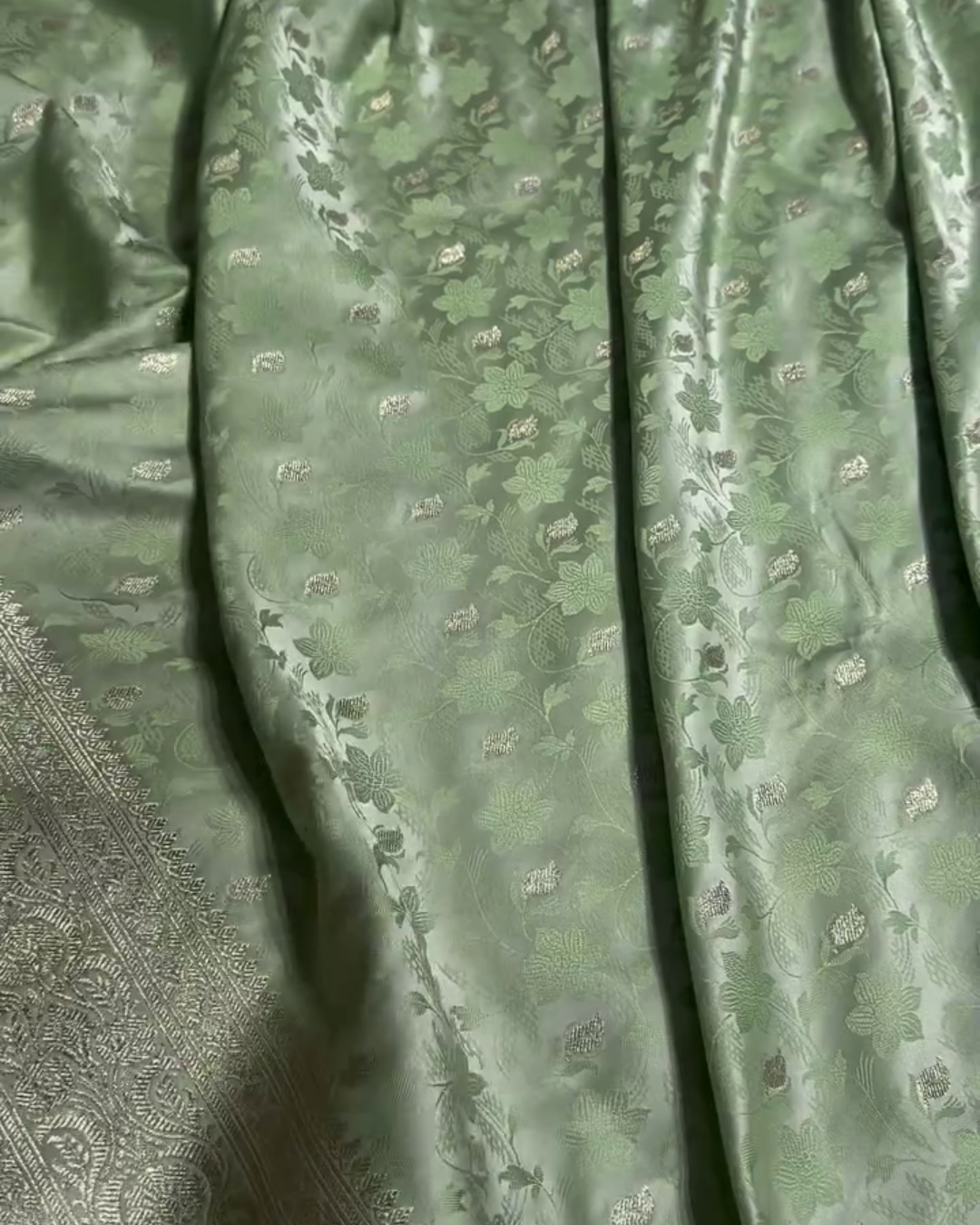 Shailee - Mint Green Satin Katan Silk Saree with Floral Zari Weave