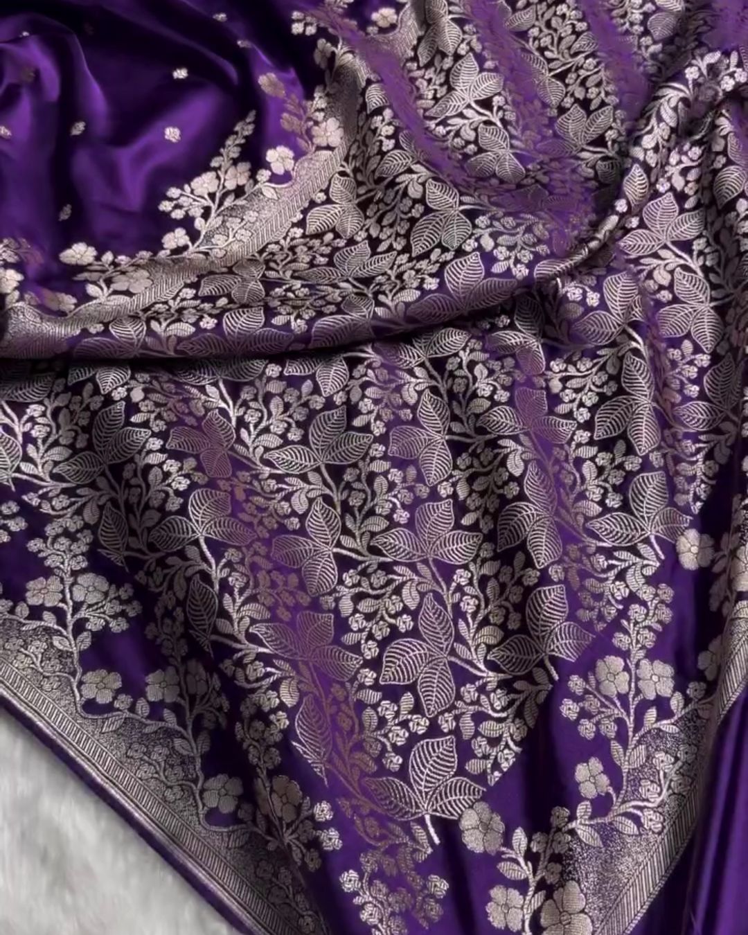 Niyara - Purple Banarasi Satin Saree with Zari Floral Border