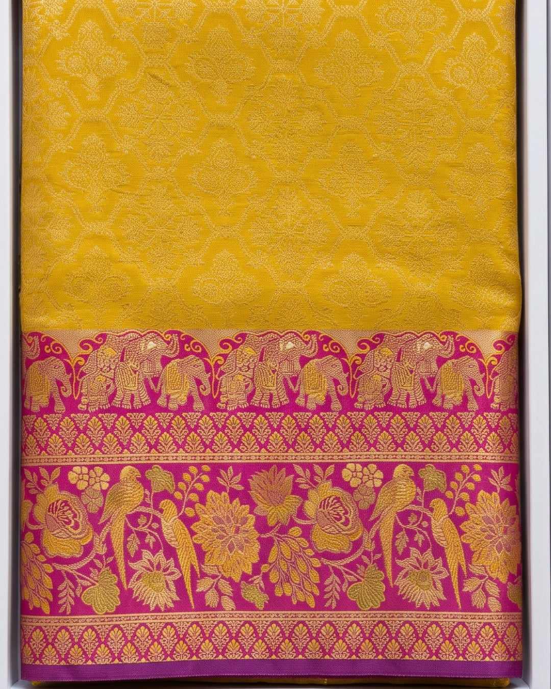 Harvi - Mustard Yellow Banarasi Soft Silk Saree