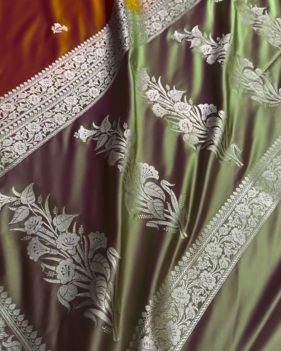 Harini - Mustard Maroon Floral Silver Zari Border Saree
