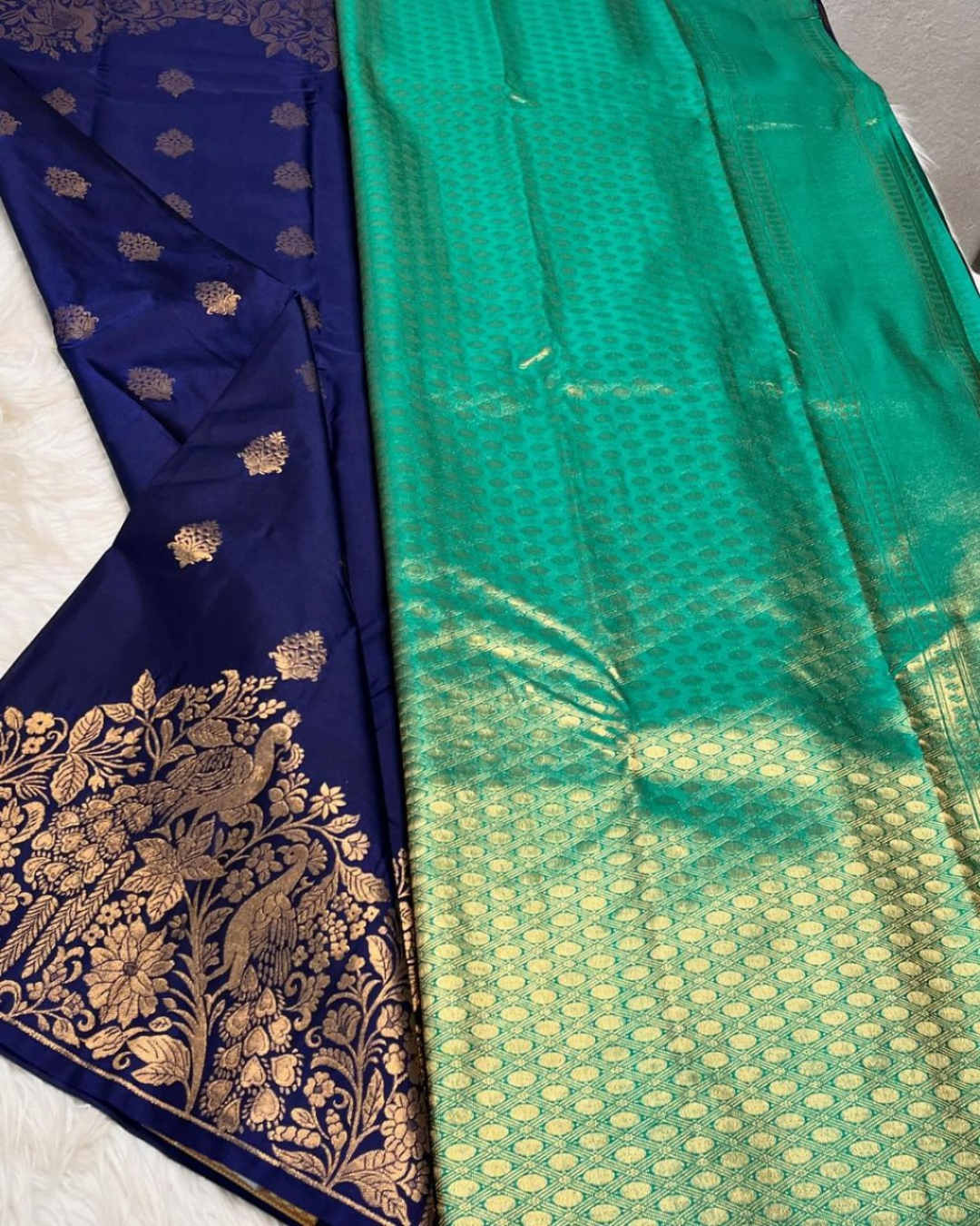Yugriti - Dual Tone Blue-Green Banarasi Saree with Peacock Zari