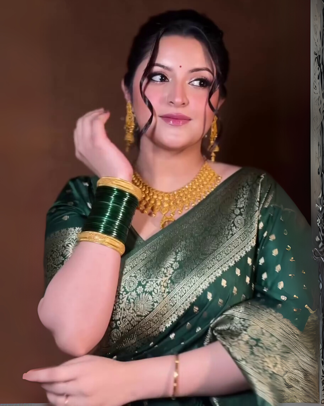 Vaidehi - Green Banarasi Silk Saree with Golden Zari Butta & Rich Pallu