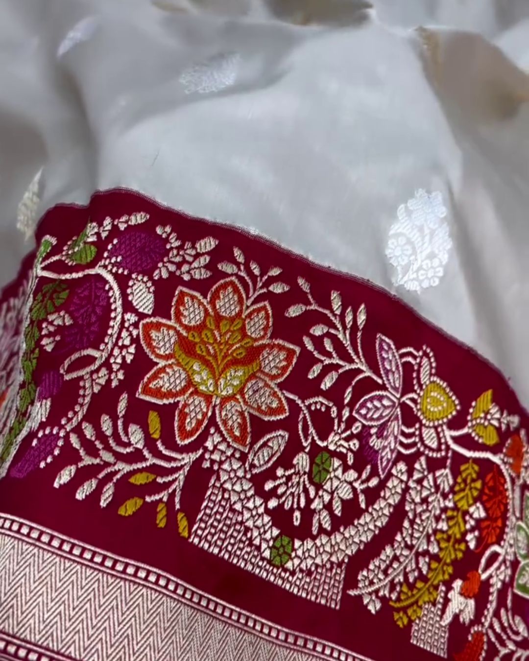 Radha - Ivory Organza Silk Saree with Meenakari Banarasi Border