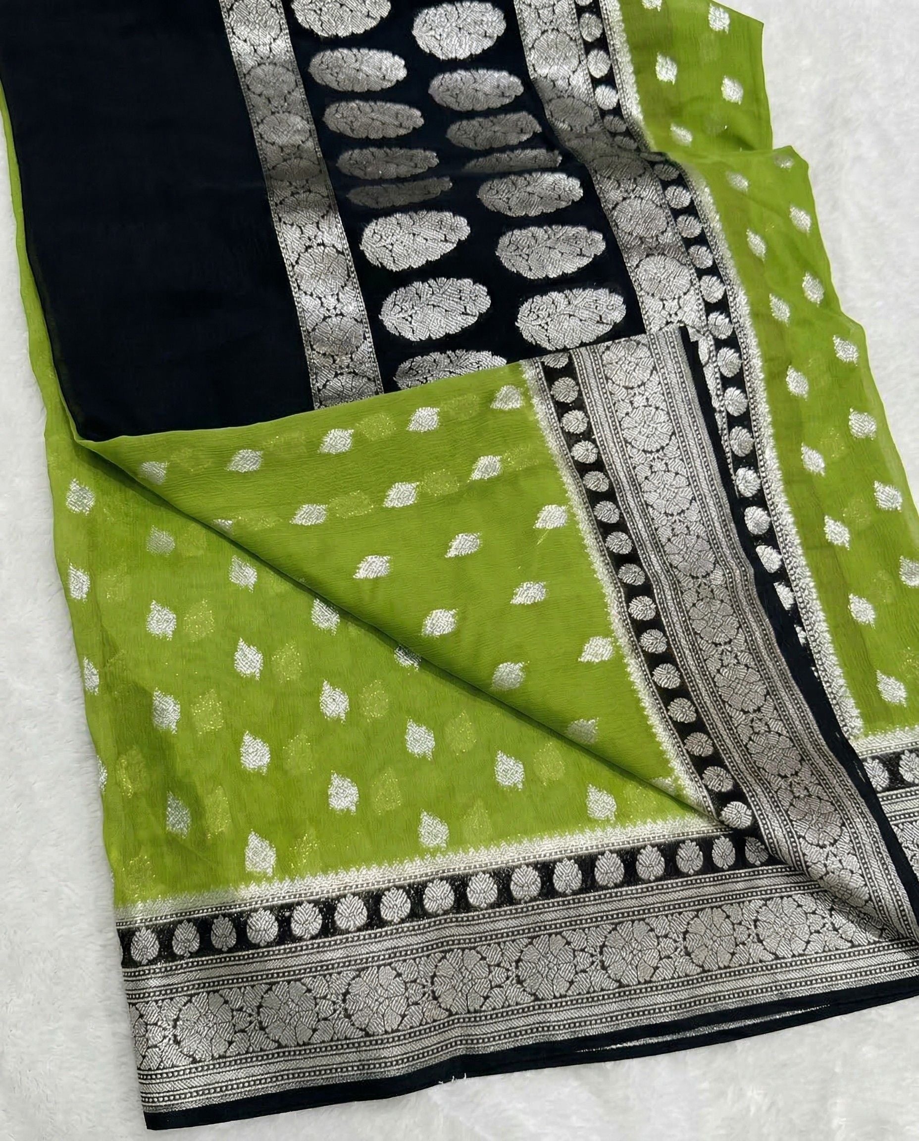 Virangana - Parrot Green Silver Zari Banarasi Saree