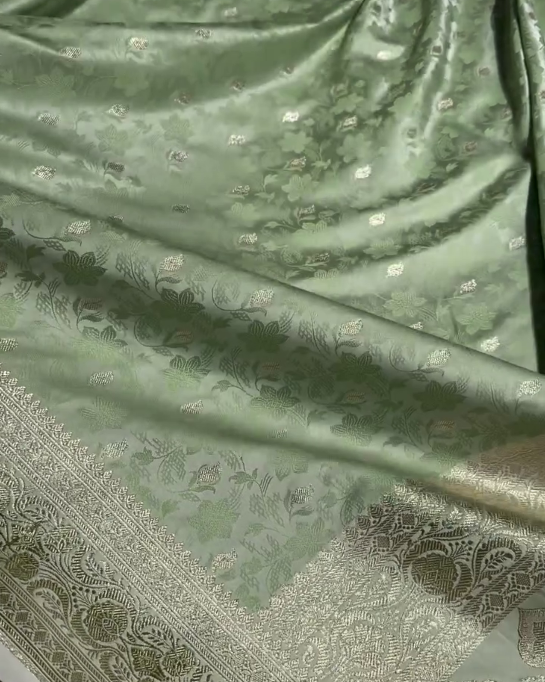 Shailee - Mint Green Satin Katan Silk Saree with Floral Zari Weave