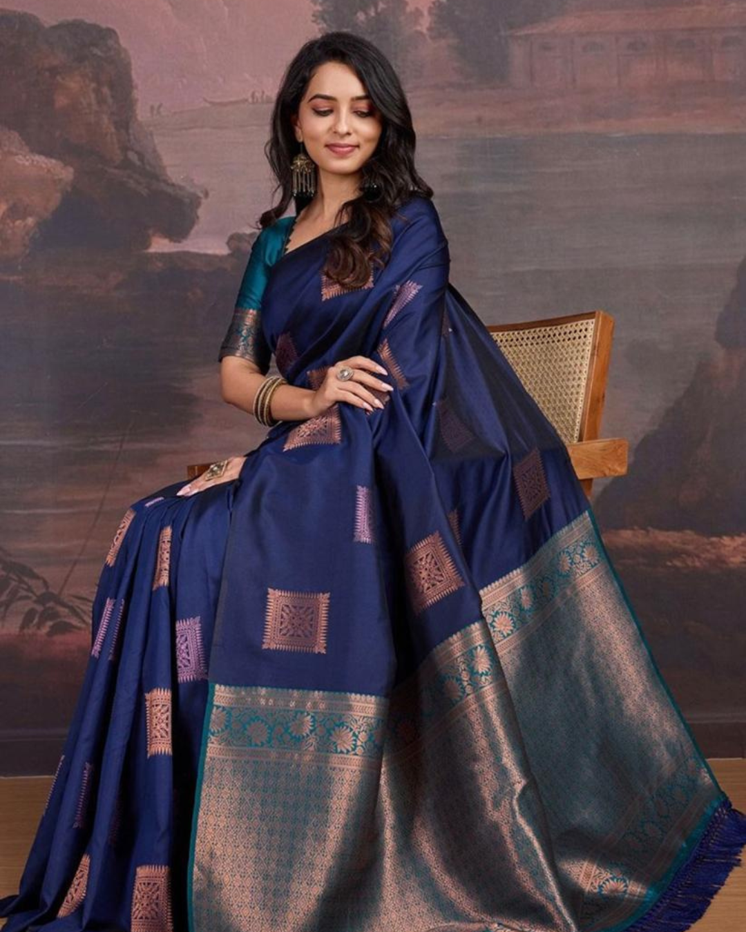 Liyana - Navy Blue Soft Silk Saree with Woven Squares