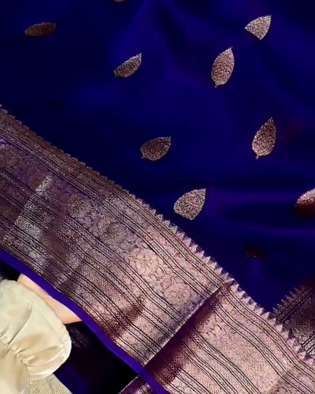 Keya – Royal Blue Banarasi Silk Saree with Leaf Buti and Antique Zari Border