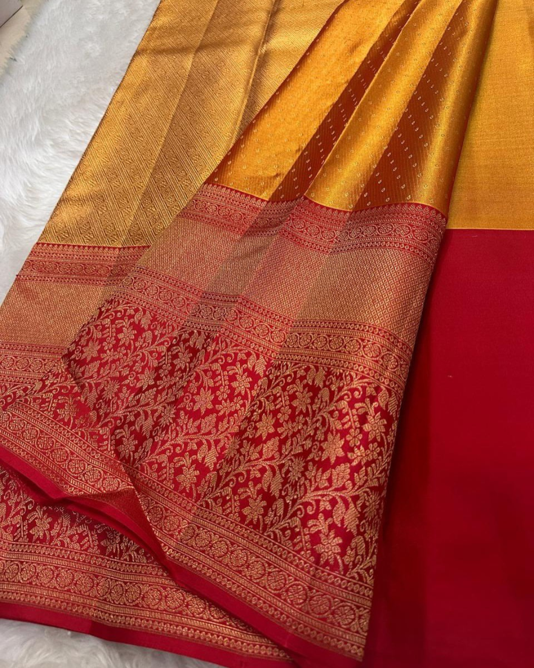 Saanvi - Golden Yellow Kanjivaram Saree with Red Border