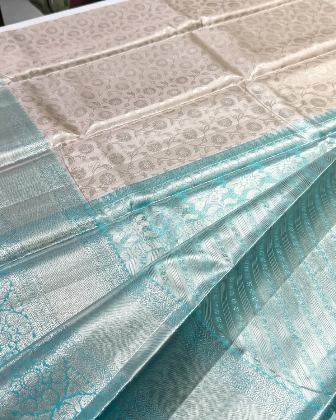 Maithili - Ivory Aqua Floral Weave Saree