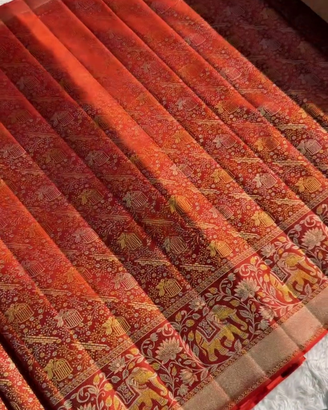 Adhya - Rust Vermilion Elephant Heritage Silk Saree