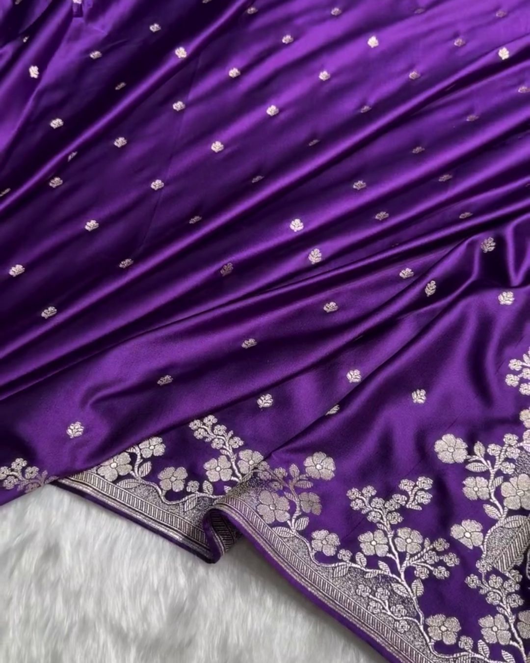 Niyara - Purple Banarasi Satin Saree with Zari Floral Border