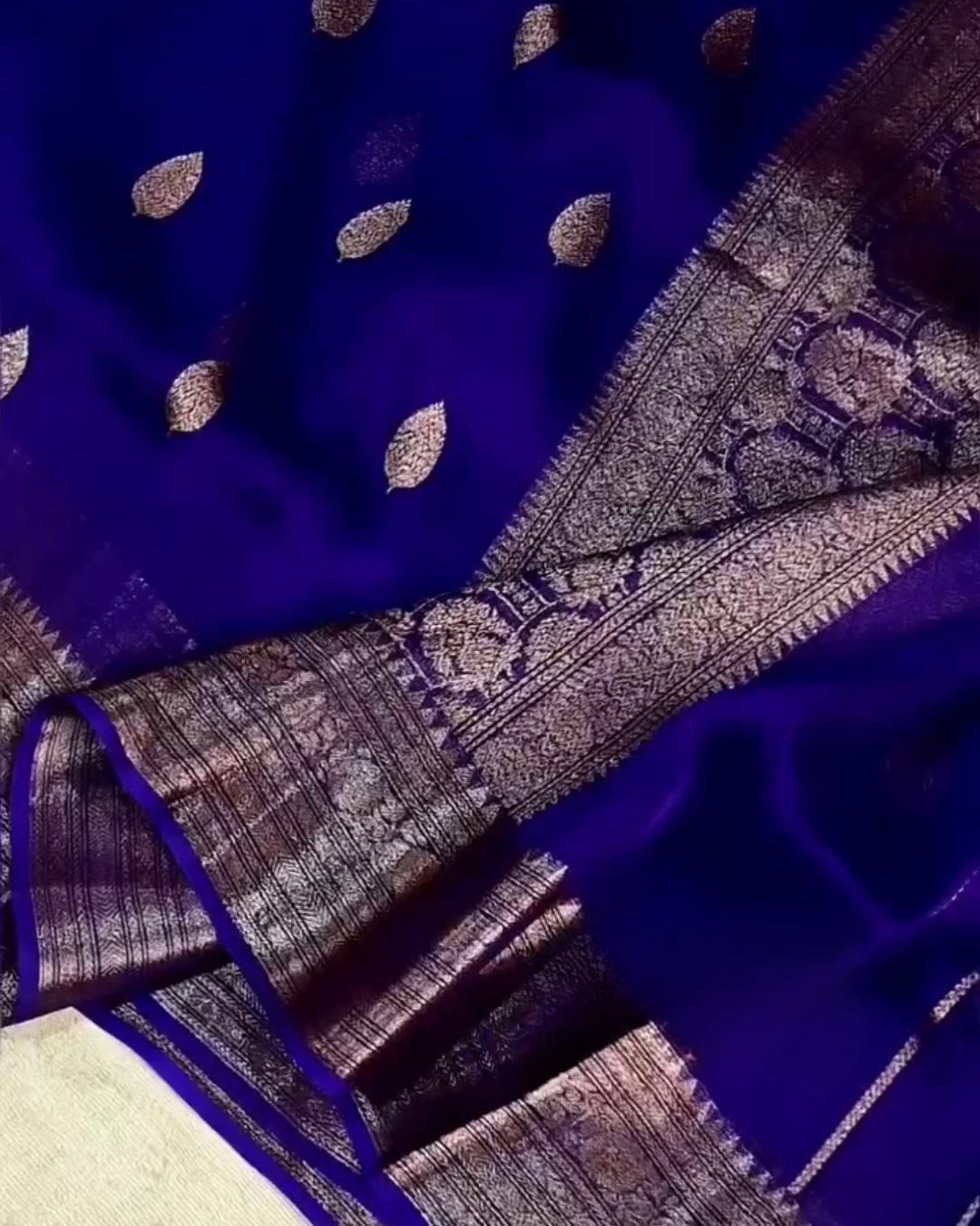 Keya – Royal Blue Banarasi Silk Saree with Leaf Buti and Antique Zari Border