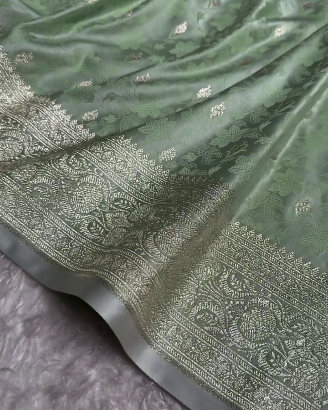 Shailee - Mint Green Satin Katan Silk Saree with Floral Zari Weave