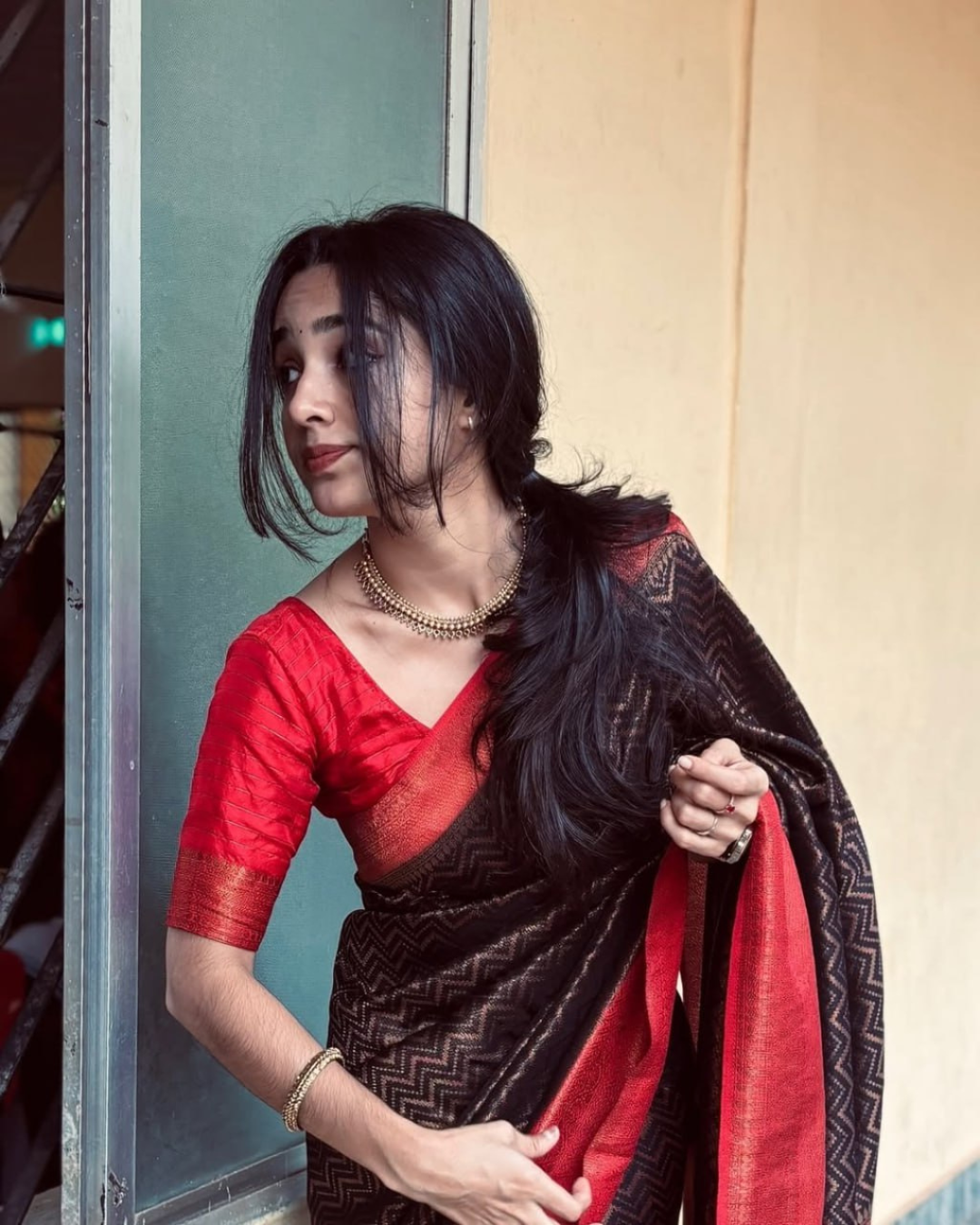 Nivriti - Coffee Brown Handloom Saree with Red Border