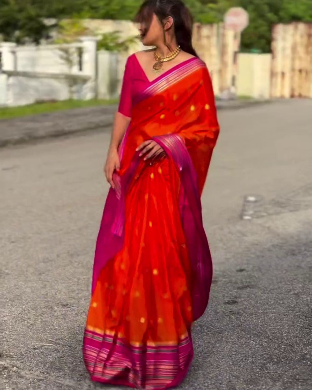 Neelima - Red Orange Soft Silk Saree with Zari Butta Border