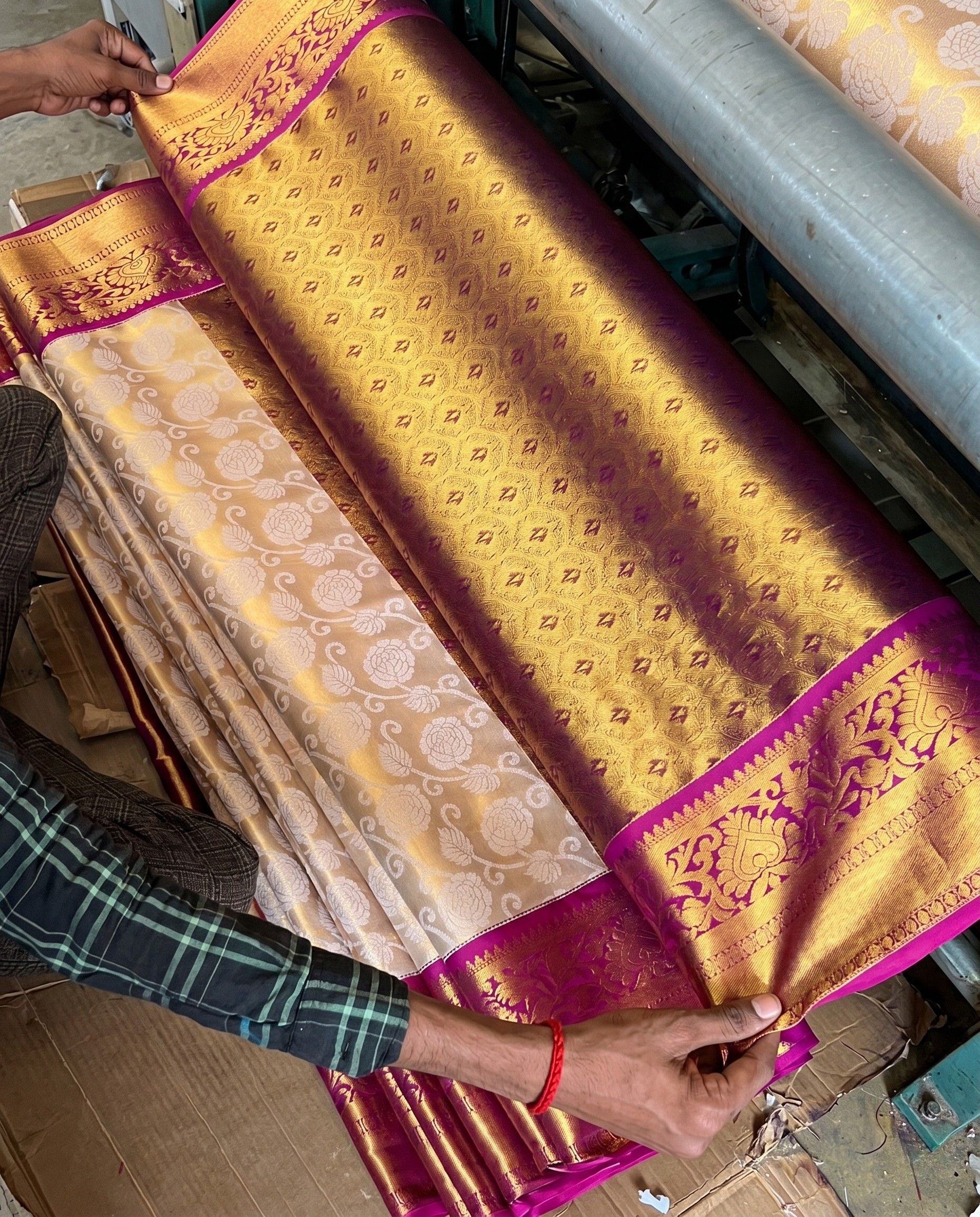 Sarita - Cream Gold Floral Pink Border Kanchipuram Silk Saree