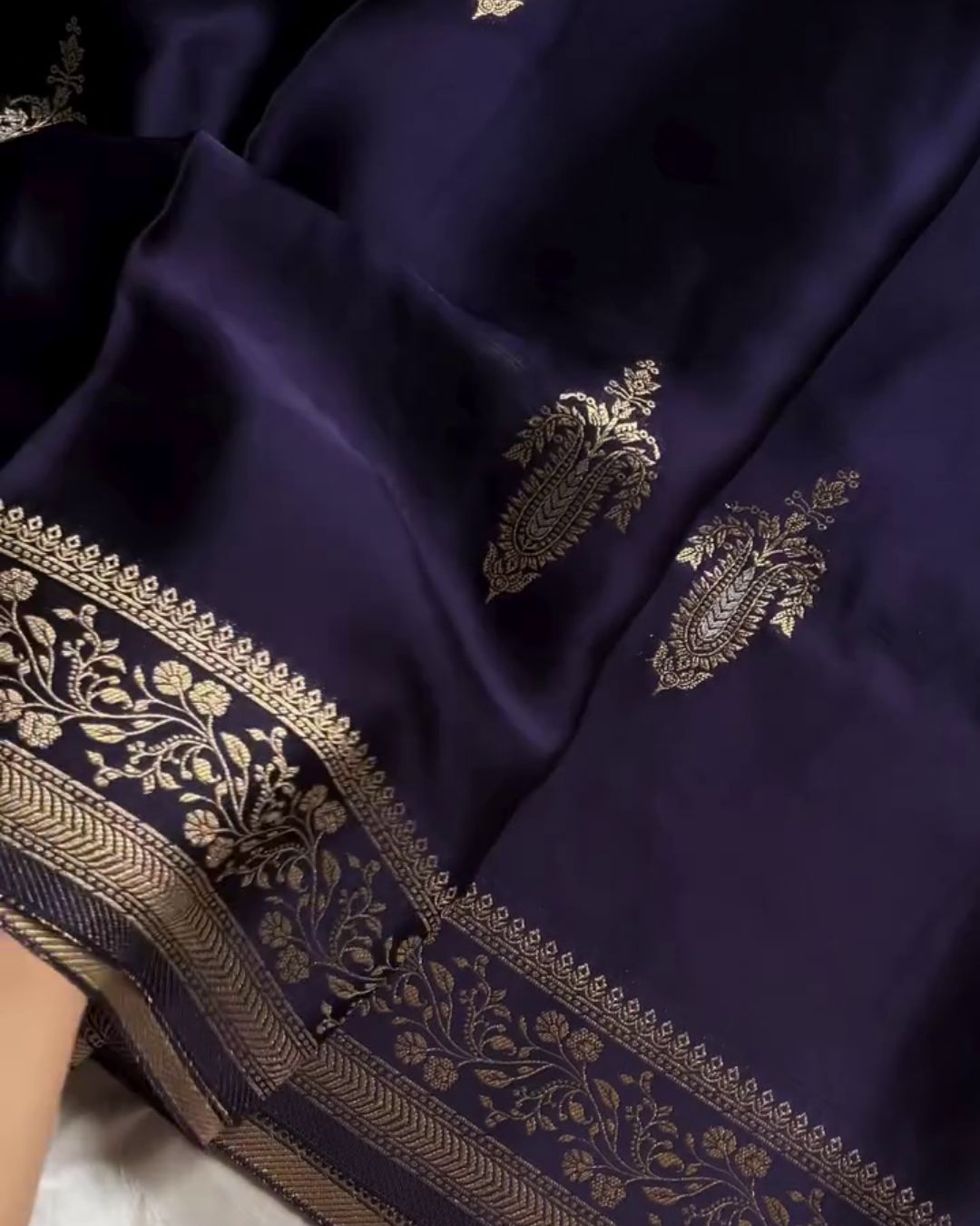 Varuni - Navy Blue Banarasi Silk Saree with Zari Floral Border