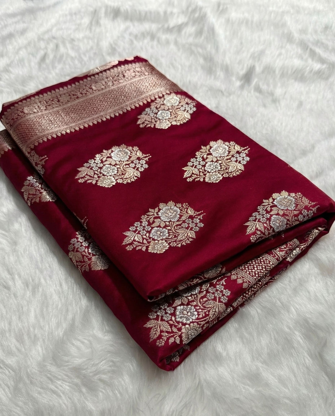 Tanu - Maroon Satin Katan Banarasi Saree with Meenakari Boota