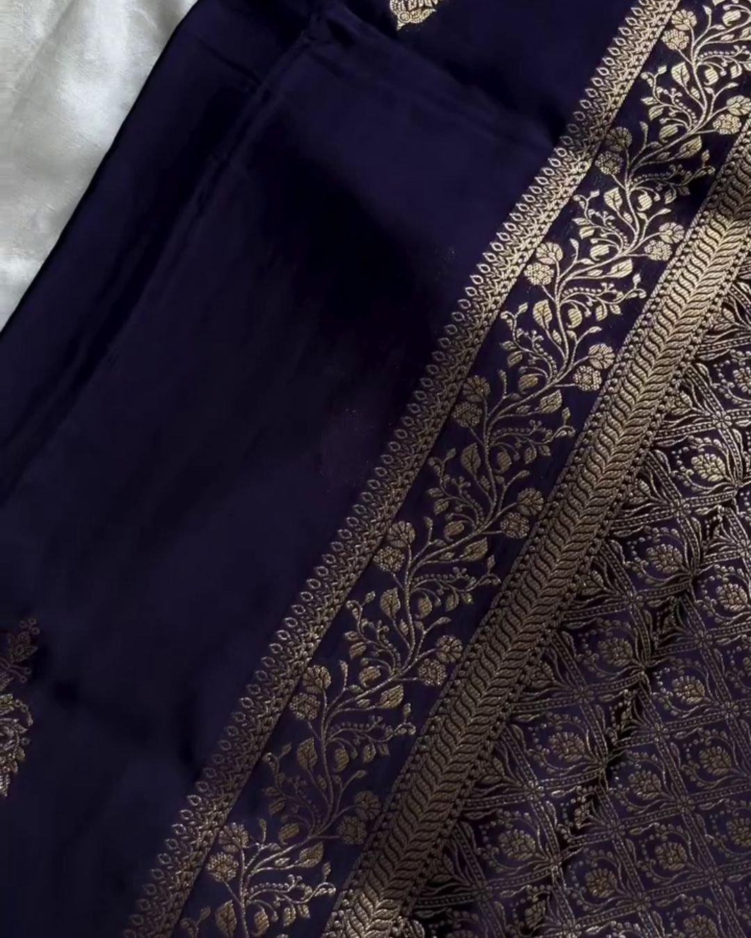 Varuni - Navy Blue Banarasi Silk Saree with Zari Floral Border