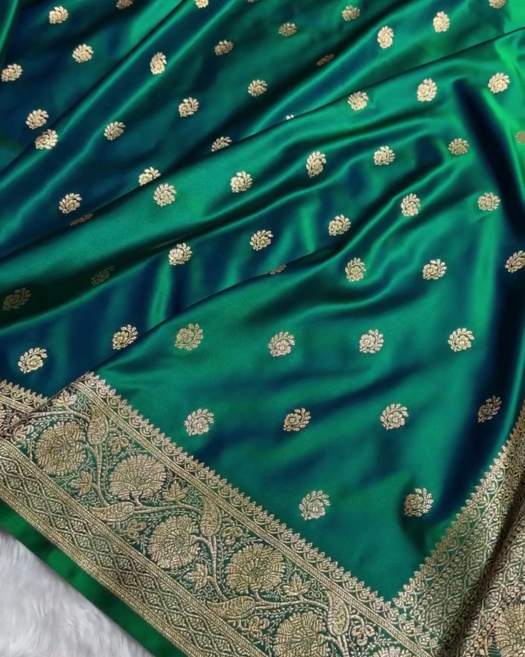 Soumya - Green Banarasi Silk Saree with Floral Zari Border
