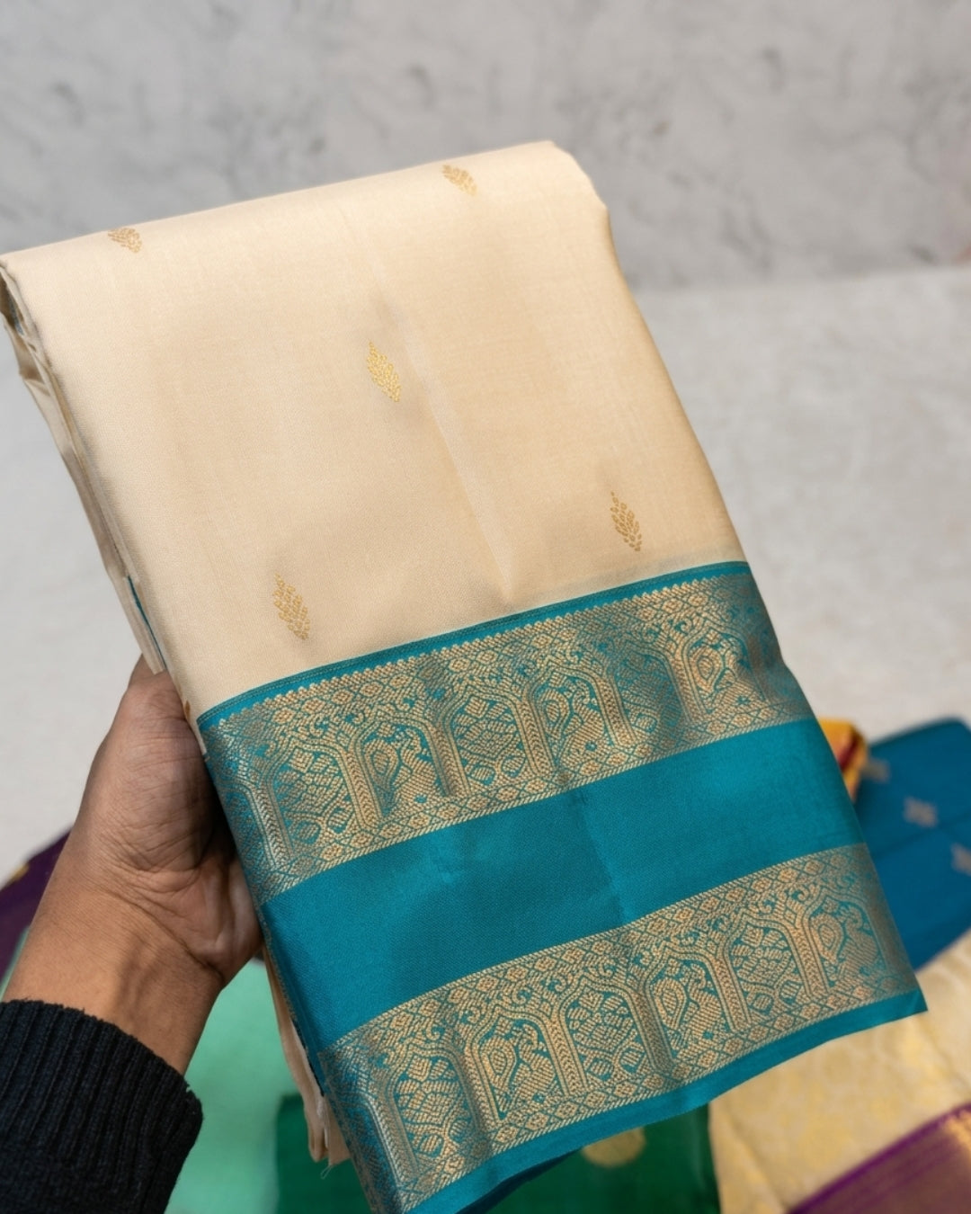 Deny - Cream Teal Zari Paisley Border Silk Saree