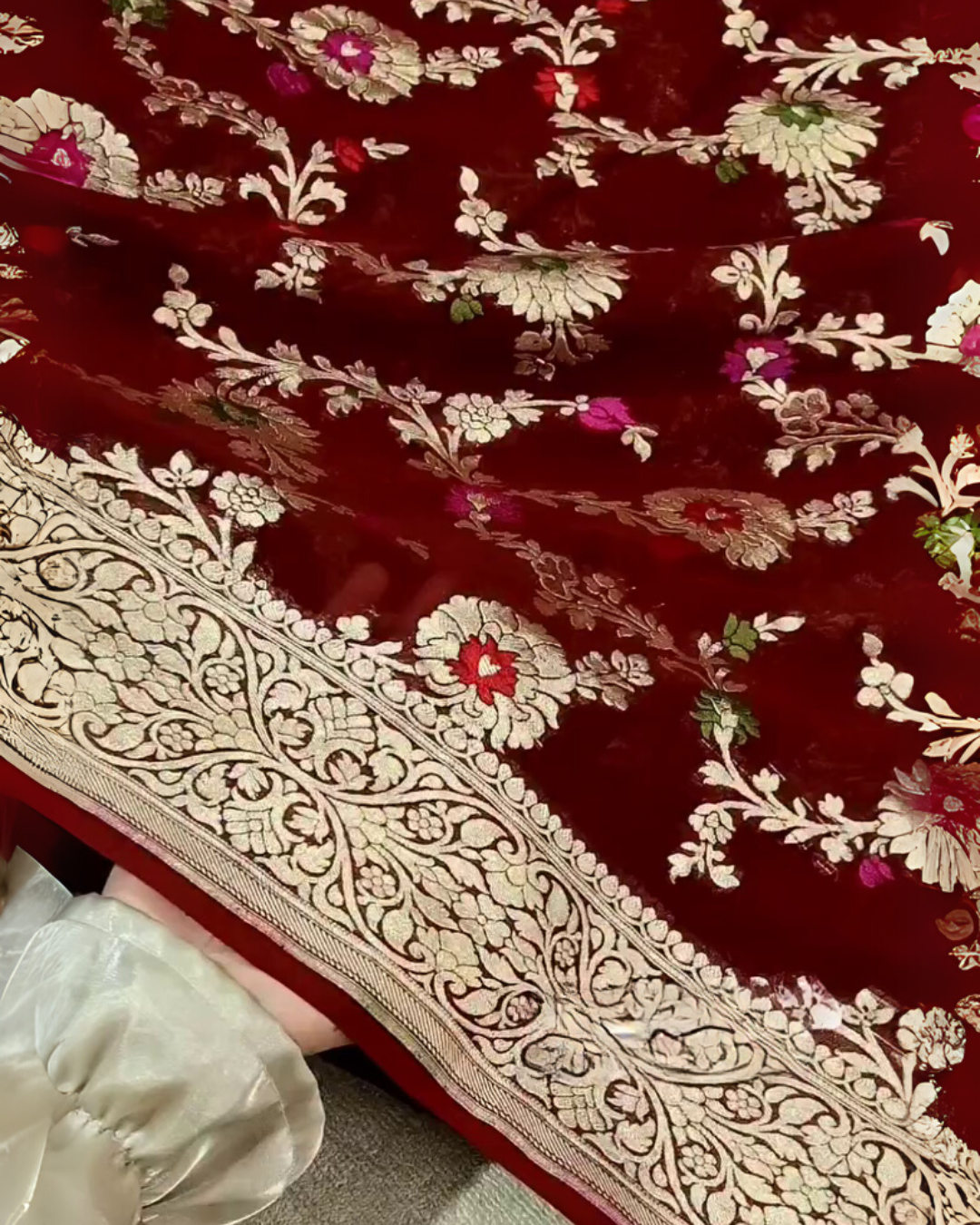 Kusum – Maroon Banarasi Silk Saree with Multi-Coloured Zari Floral Weaving