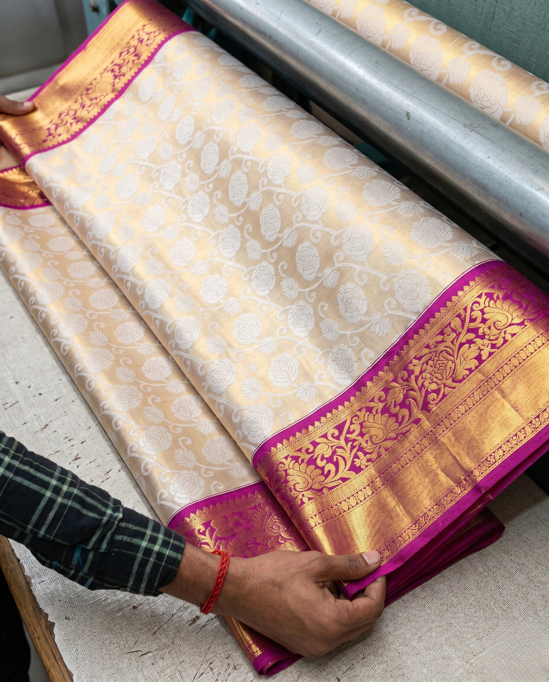 Sarita - Cream Gold Floral Pink Border Kanchipuram Silk Saree
