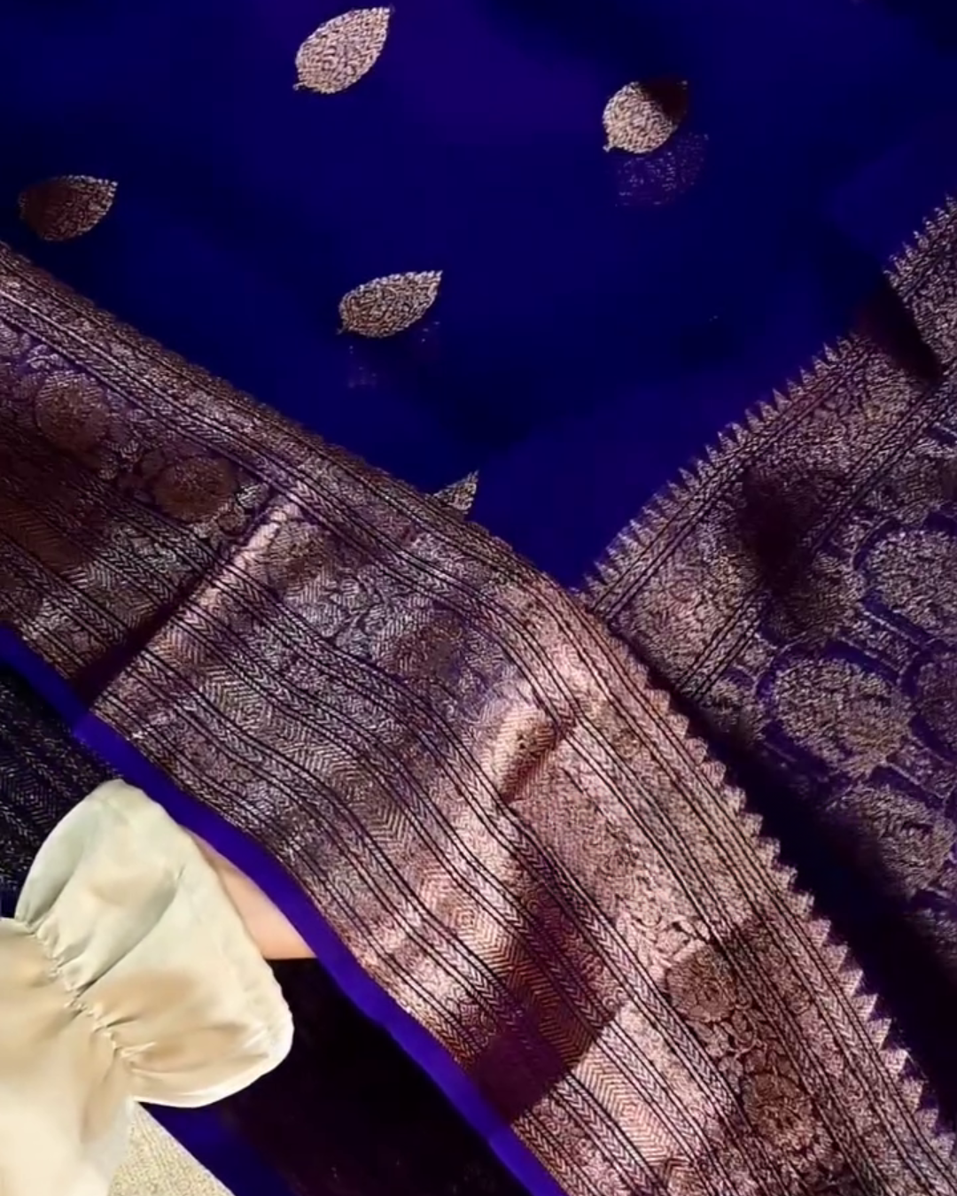 Keya – Royal Blue Banarasi Silk Saree with Leaf Buti and Antique Zari Border