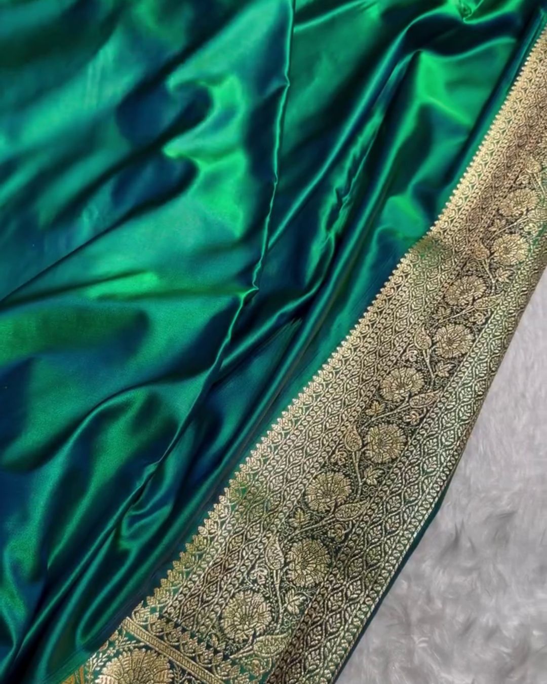 Soumya - Green Banarasi Silk Saree with Floral Zari Border