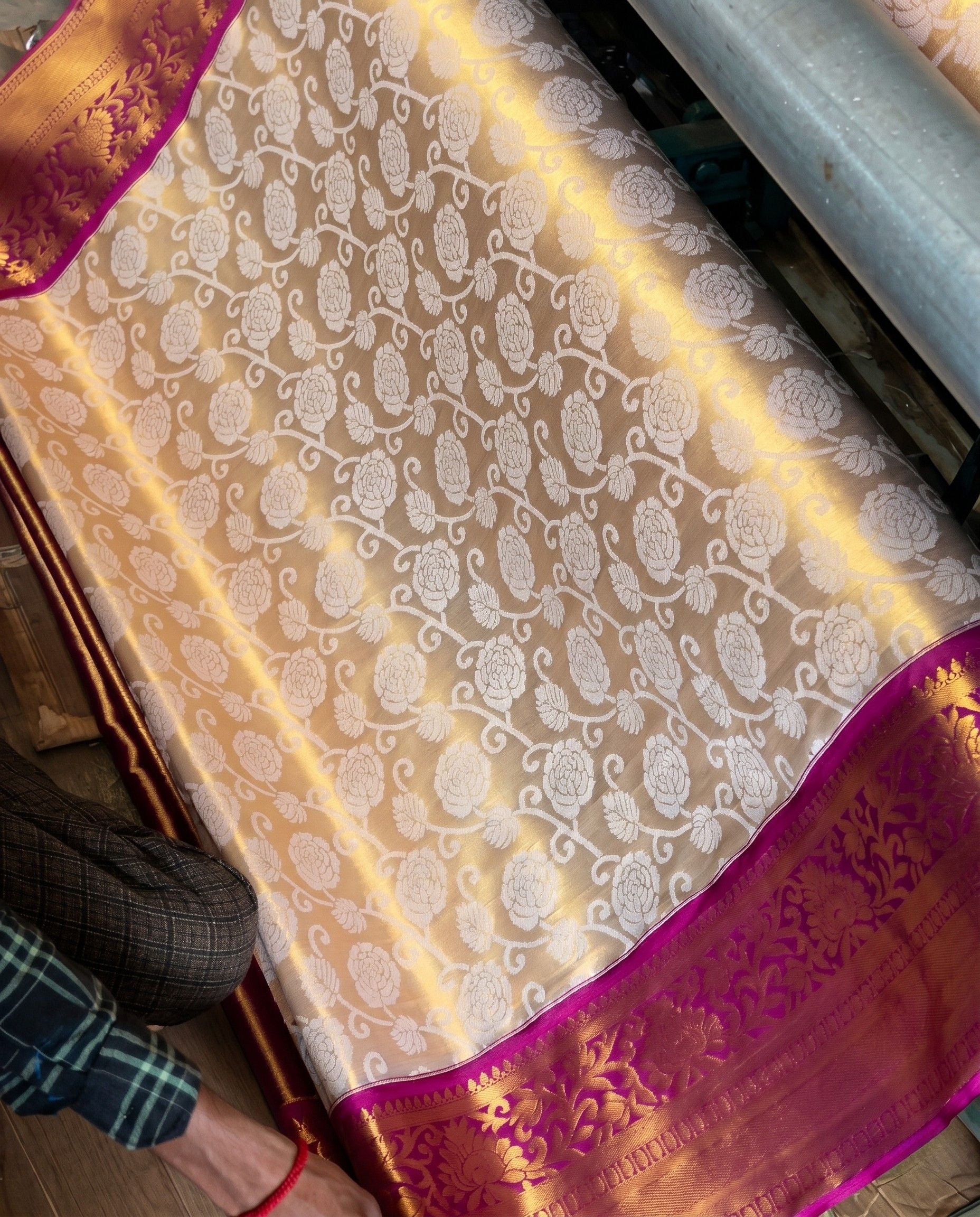 Sarita - Cream Gold Floral Pink Border Kanchipuram Silk Saree