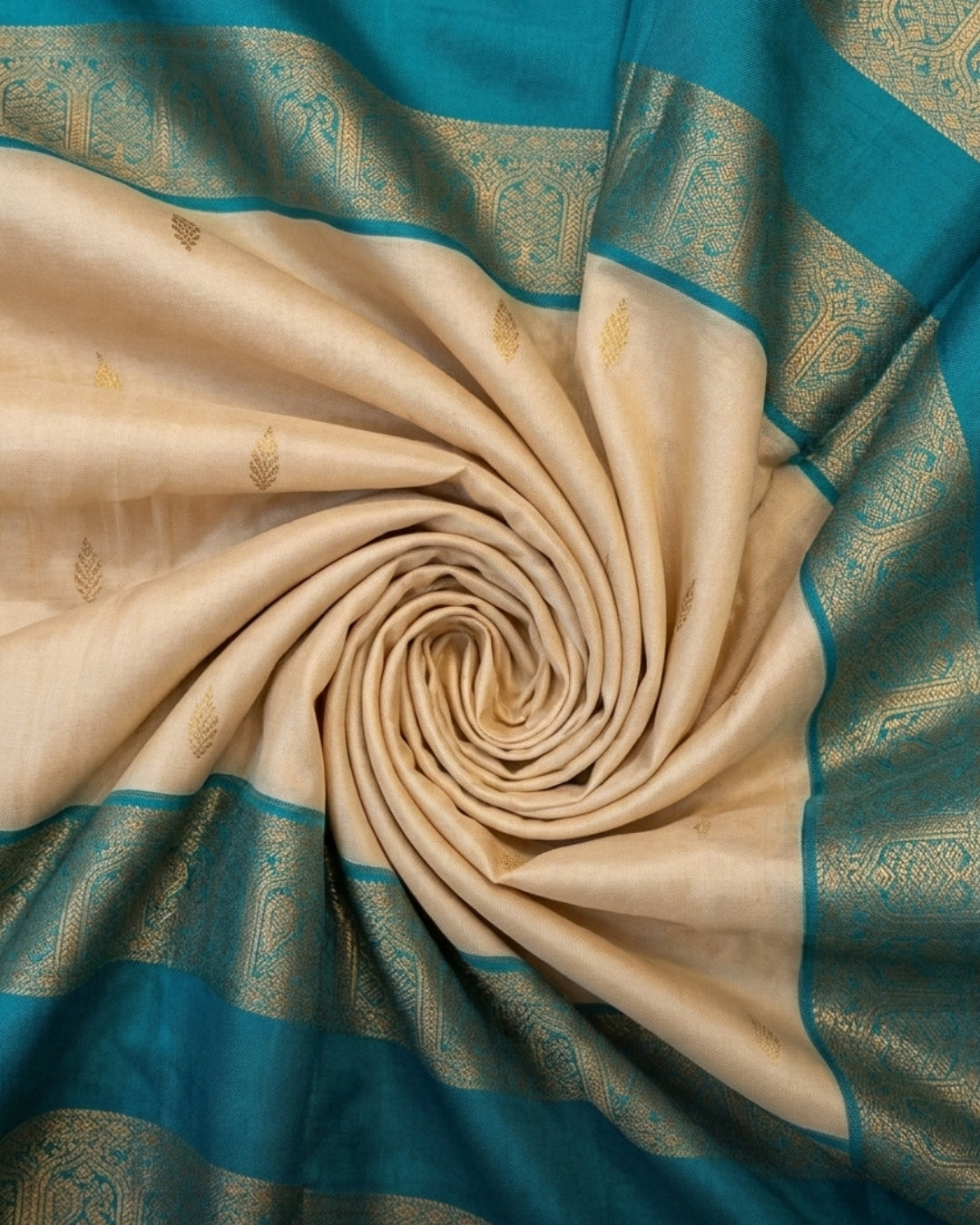 Deny - Cream Teal Zari Paisley Border Silk Saree