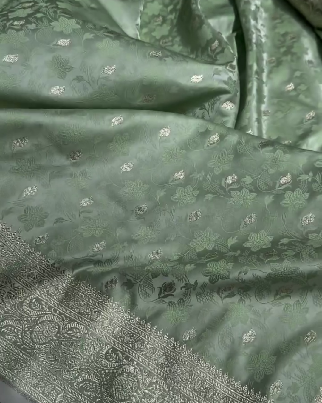 Shailee - Mint Green Satin Katan Silk Saree with Floral Zari Weave